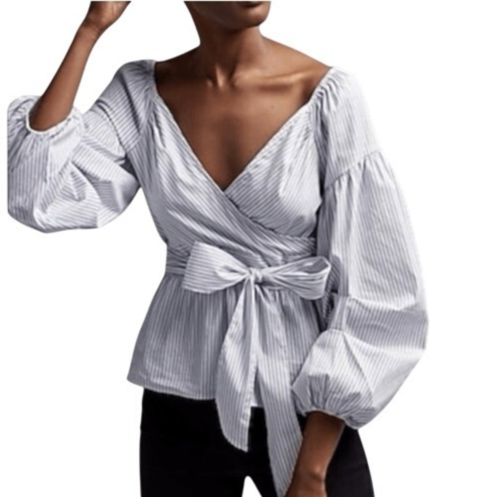 EXPRESS Belted Wrap Tie Top 3/4" Balloon Sleeves Cerulean Blue & White NWOT S